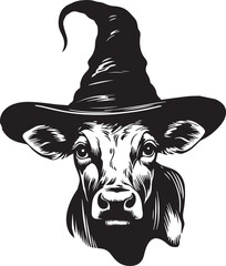 Halloween Cow in a witch hat, Vintage cow head, Vector illustration, SVG