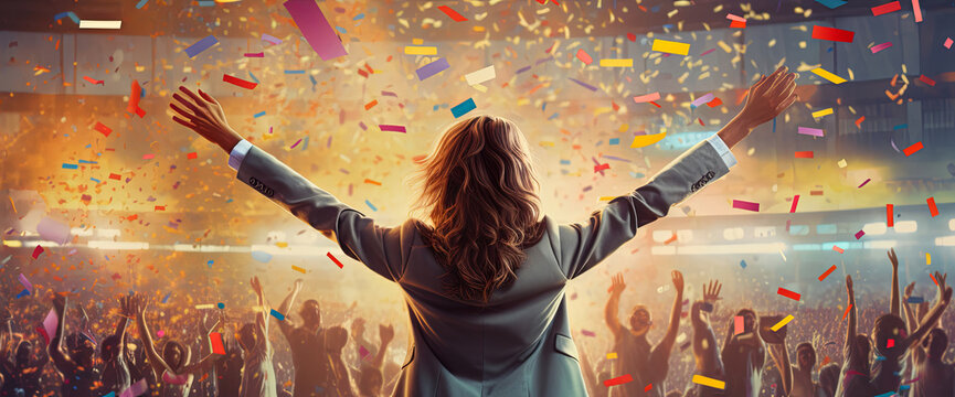 success motivation encourage power support attractive powerful female speaker hand riseup cheering all people in convetion hall to stay strong together with golden glitter confetti paper ,ai generate