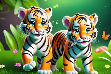 Cute baby tigers smiling, generative AI