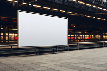 square mock up of blank showcase billboard or advertising light box for your text message or media content at train station in the city, commercial, marketing and advertising concept, Generative AI - obrazy, fototapety, plakaty