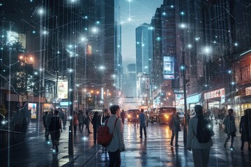 Surveillance camera of a crowd of people walking along busy city streets. Face recognition big data comprehensive analysis interface, scanning and displaying information. Data collection. Espionage.