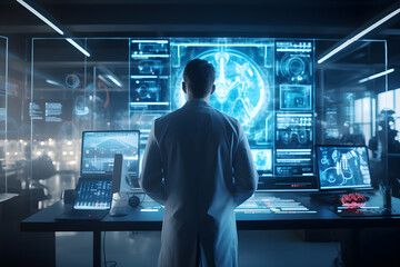 Medical Technology. doctor working with futuristic graphic diagram in laboratory lab at hospital, surgery, medical technology, health care cancer and disease treatment concept. Generative AI