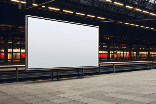 square mock up of blank showcase billboard or advertising light box for your text message or media content at train station in the city, commercial, marketing and advertising concept, Generative AI