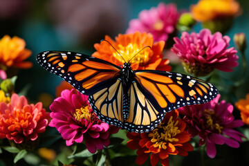 Fototapeta na wymiar A serene shot of a colorful butterfly perched among vibrant flowers, showcasing the delicate beauty of nature and the harmonious relationship between flowers and pollinators | ACTORS: Butterfly | LOCA