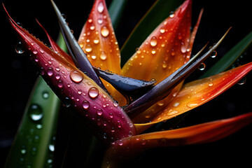A detailed close-up shot of a strelitzia blossom, commonly known as the bird of paradise flower,...