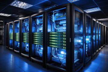 A view of a state-of-the-art data center interior, showcasing rows of neatly organized server racks, fiber optic cables, and cooling systems, representing the backbone of modern information technology
