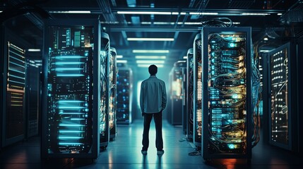 hacker male or it engineer data code prompter walking eworking in data server it cloud storage datacenter innovation infrastructure cyber support database service background,ai generate