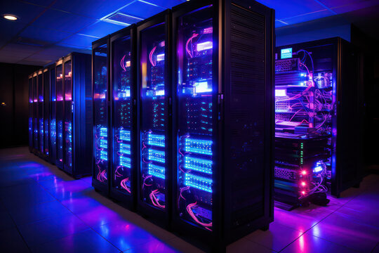 A view of a state-of-the-art data center interior, showcasing rows of neatly organized server racks, fiber optic cables, and cooling systems, representing the backbone of modern information technology