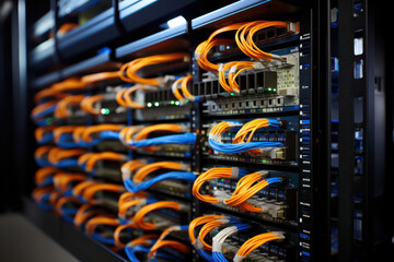 A close-up shot of network switches and Ethernet cables in a data center, emphasizing the intricate network architecture and connectivity that enables fast and reliable data communication | ACTORS: No