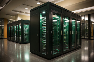 A shot of energy-efficient cooling systems and green technology in a data center, showcasing environmentally friendly practices and reducing the carbon footprint of the facility | ACTORS: None | LOCAT - obrazy, fototapety, plakaty