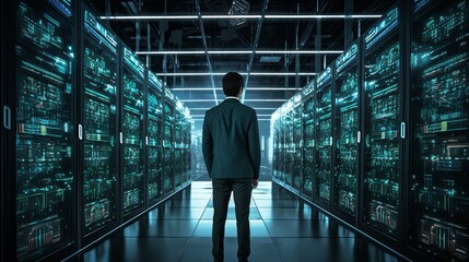 hacker male or it engineer data code prompter walking eworking in data server it cloud storage datacenter innovation infrastructure cyber support database service background,ai generate