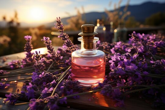 Aromatherapy haven panoramic lavender view, accompanied by essential oil flacons Generative AI