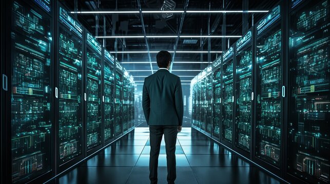 hacker male or it engineer data code prompter walking eworking in data server it cloud storage datacenter innovation infrastructure cyber support database service background,ai generate