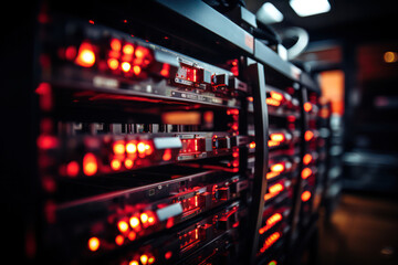 A shot of redundant server clusters and failover systems in a server farm, demonstrating the resilience and fault tolerance of the infrastructure | ACTORS: None | LOCATION TYPE: Redundancy and failove - obrazy, fototapety, plakaty