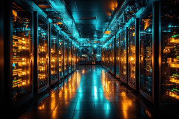 A shot of redundant server clusters and failover systems in a server farm, demonstrating the resilience and fault tolerance of the infrastructure | ACTORS: None | LOCATION TYPE: Redundancy and failove - obrazy, fototapety, plakaty