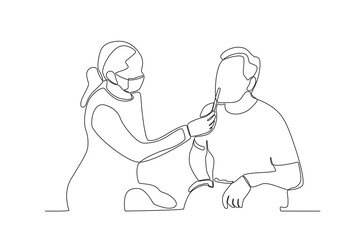Continuous single line drawing of a doctor performing a rapid test for Covid-19 on a patient
