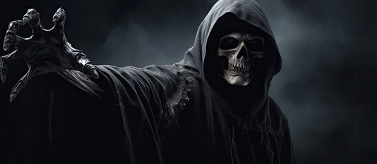 Grim Reaper extending arm towards camera against dark background with space to add text.