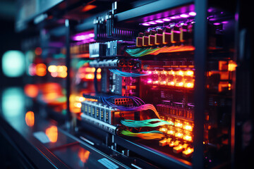 A close-up shot of fiber optic cables and connectors in a server farm, emphasizing the high-speed data transmission and low latency provided by fiber optic connectivity | ACTORS: None | LOCATION TYPE: - obrazy, fototapety, plakaty