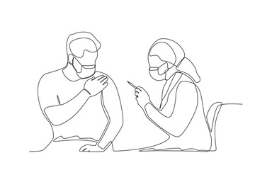 Continuous single line drawing of a female doctor injecting a patient