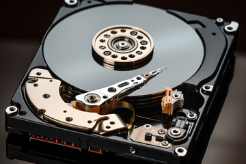 A close-up shot of a hard disk drive's sector and block layout, demonstrating how data is organized and stored on the disk | ACTORS: None | LOCATION TYPE: Internal components | CAMERA MODEL: Nikon D75