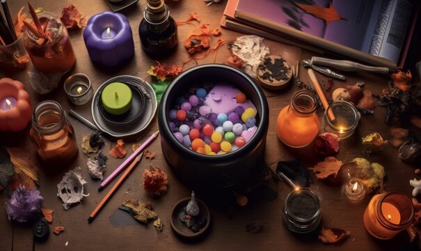 halloween inspired setup with a couldron potions and colored pencils, smokey mysterious, fun and playful, book mockup template top down view