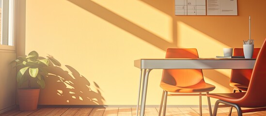 A sunny urban office meeting room with chairs, a table with documents, and a coffee cup on it.