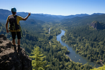 A person bungee jumping off a towering bridge, surrounded by a breathtaking mountainous landscape and a roaring river below | ACTORS: Person | LOCATION TYPE: Bridge | CAMERA MODEL: Sony A7 III | CAMER