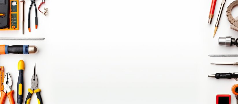 electrician equipment on a white background with empty space for text. It is taken from a top