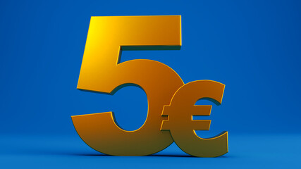3D render of gold five euros isolated on white background, golden european money 5 euros