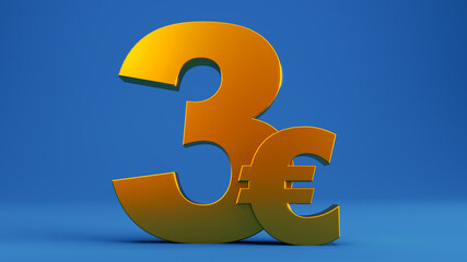 3D render of gold three euros isolated on white background, golden european money 3 euros