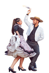 full body portrait young adult latin american couple dancing cueca traditional dance with huaso dress 