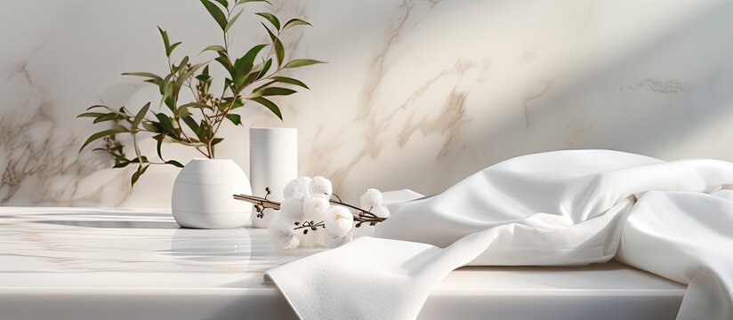 Soft, warm plush fabric with a textured appearance is arranged in elegant folds on a white marble