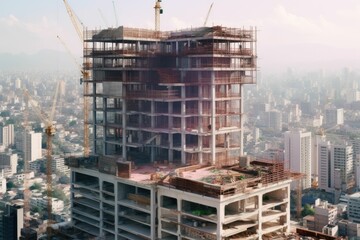 Construction site with cranes. Video. Construction workers are building. Aerial view