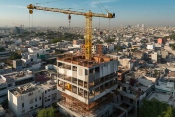 Fototapeta na wymiar Construction site with cranes. Video. Construction workers are building. Aerial view
