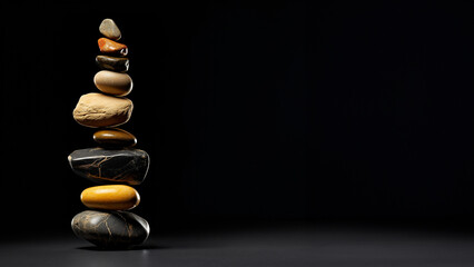 Obrazy na Plexi  Bunte Steine Hot Stone als Turm aufeinander gestapelt für die Massage mit Textfreiraum, ai generativ