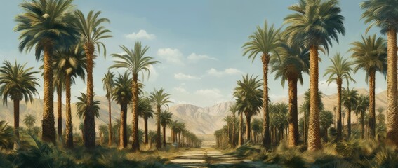 Fototapeta premium Plantation of date palms, agriculture industry in desert areas of the Middle East