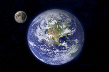 View of a planet Earth and moon in space. Elements of this image furnished by NASA