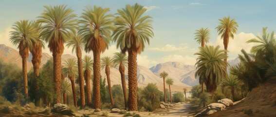 Fototapeta premium Plantation of date palms, agriculture industry in desert areas of the Middle East