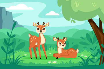 baby deers background. cute cartoon fawn baby deer standing and lying in the forest meadow. vector cartoon background.
