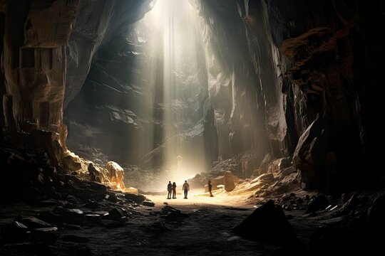 Under ground outdoor nature cave with light scene. Adventure explore trip vacation tour vibe