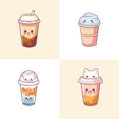 Postcard with kawaii bubble tea on a pink background. Vector graphics.