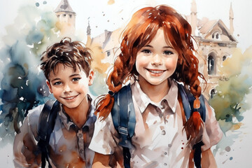 Portrait of two smiling school children with backpacks. Education concept. Watercolor painting