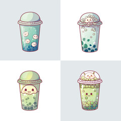Bubble tea cup design collection, Pearl milk tea, Taiwan milk tea,Yummy drinks, coffees and soft drinks with doodle style set. - Vector