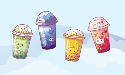 Bubble milk tea cup design collection,Pearl milk tea , Yummy drinks, coffees and soft drinks with doodle style banner and sale poster.