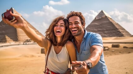 Happy young couple taking selfie in front of egyptian pyramids