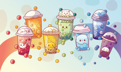 Bubble milk tea cup design collection,Pearl milk tea , Yummy drinks, coffees and soft drinks with doodle style banner and sale poster.