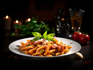 Plate of penne al sugo with parmesan on a beautiful table restaurant