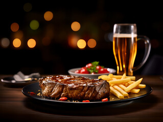 Plate of steak with french fries on a beautiful table restaurant