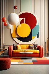 Beautiful Interior Design of a Colorful Orange and Yellow Living Room. High Contrast Colors.