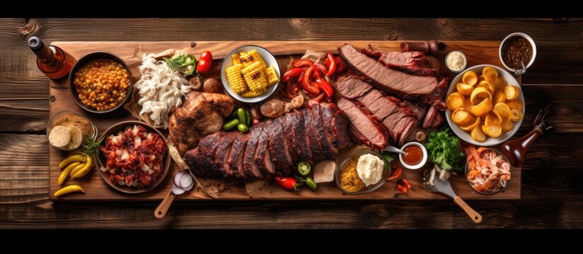Texas BBQ platter placed on a wooden table with copy space available.